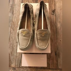 Treat Yourself! Like New Prada Taupe Suede and Gold Logo Ballet Loafers Size 40
